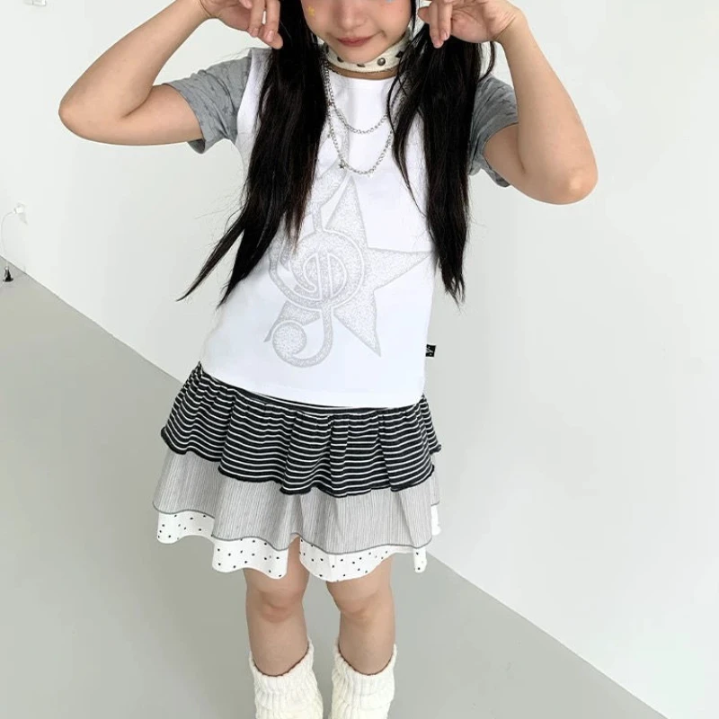 Frühherbst neuer Damen-Patchwork-Faltenrock im Ödland-Stil, japanischer Y2K-Harajuku-Stil, würziges Mädchen, gepunkteter gestreifter Rock