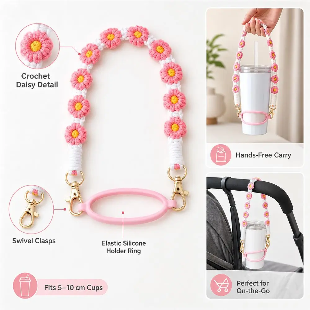 Portable Silicone Cup Holder Lanyard Polyester Crochet Daisy Flowers Cup Carrier Strap Tumbler Carrying Strap Daily Carry