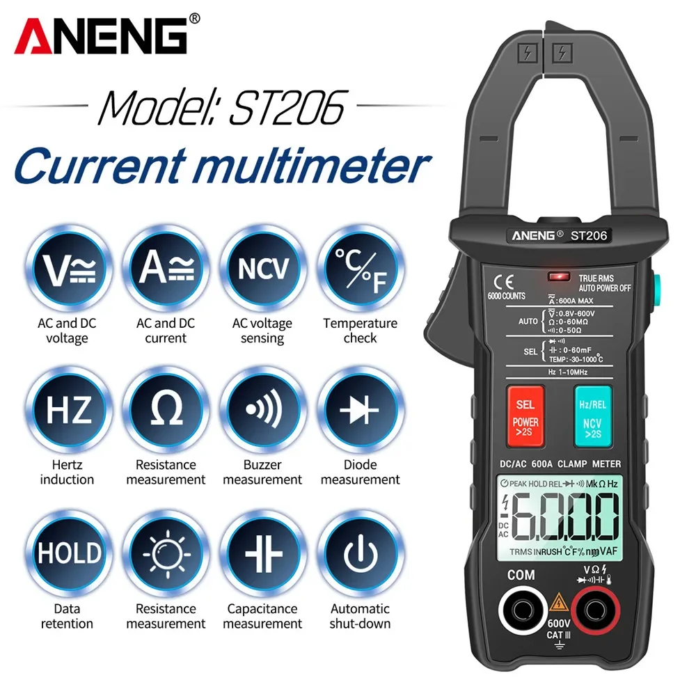 Aneng st206-電流クランプ,6000カウント,真のrmsアンプ,dc/ac電流測定,電流計テスター,電圧計,デジタルマルチメーター