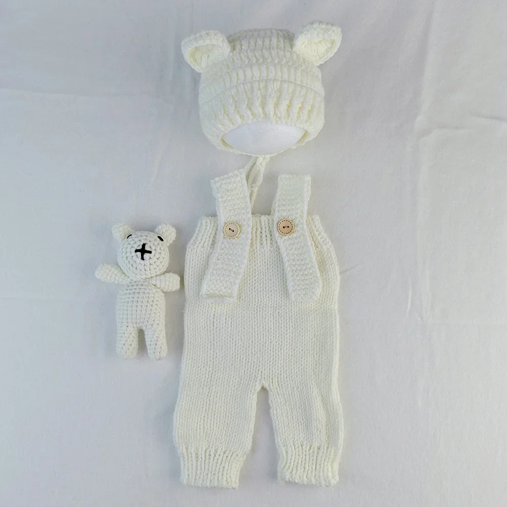 3pcs Newborn Photography Outfit Hand-woven Shorts Hat Bear Doll Suit Bunny Cartoon Cap Romper New Born Baby Boy Girl Clothing