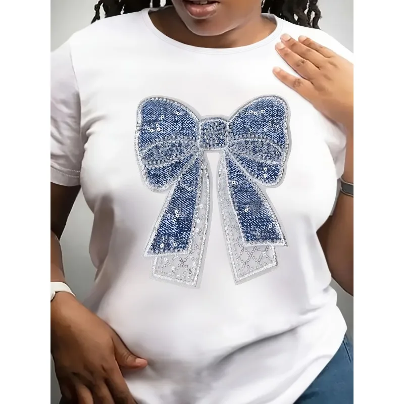 Beautiful and Elegant Women's Blue Sequin Bow Pattern Print Fashionable Loose Fit Soft Machine Washable Sports Round Neck Top