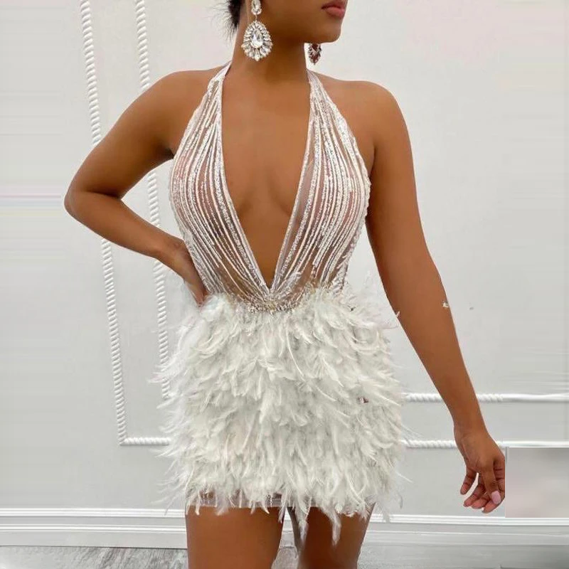 

2025 Plus Size White Feather Crystal Ball Dress Sexy Backless Deep V Summer Dating Women Dresses for Party and Wedding Vestito