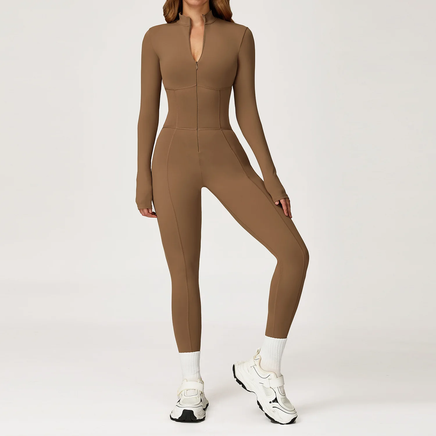 

Women Running Workout Fitness Slim Bodysuits Long Sleeve Yoga Jumpsuit Stand Collar Front Zipper Warm Sports Gym One Piece Suit