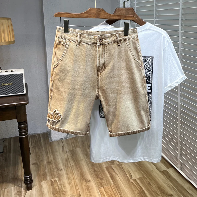 Vintage Jeans Men's Shorts Yellow Mud Street Fashion Bermuda Pants Straight Loose Distressed Patchwork Denim Shorts