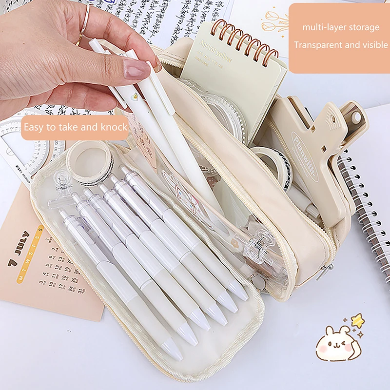 Grande Capacidade Transparente Compartimento Lápis Caso, Multifunções Pen Pouch, papelaria Estudante, Material Escolar