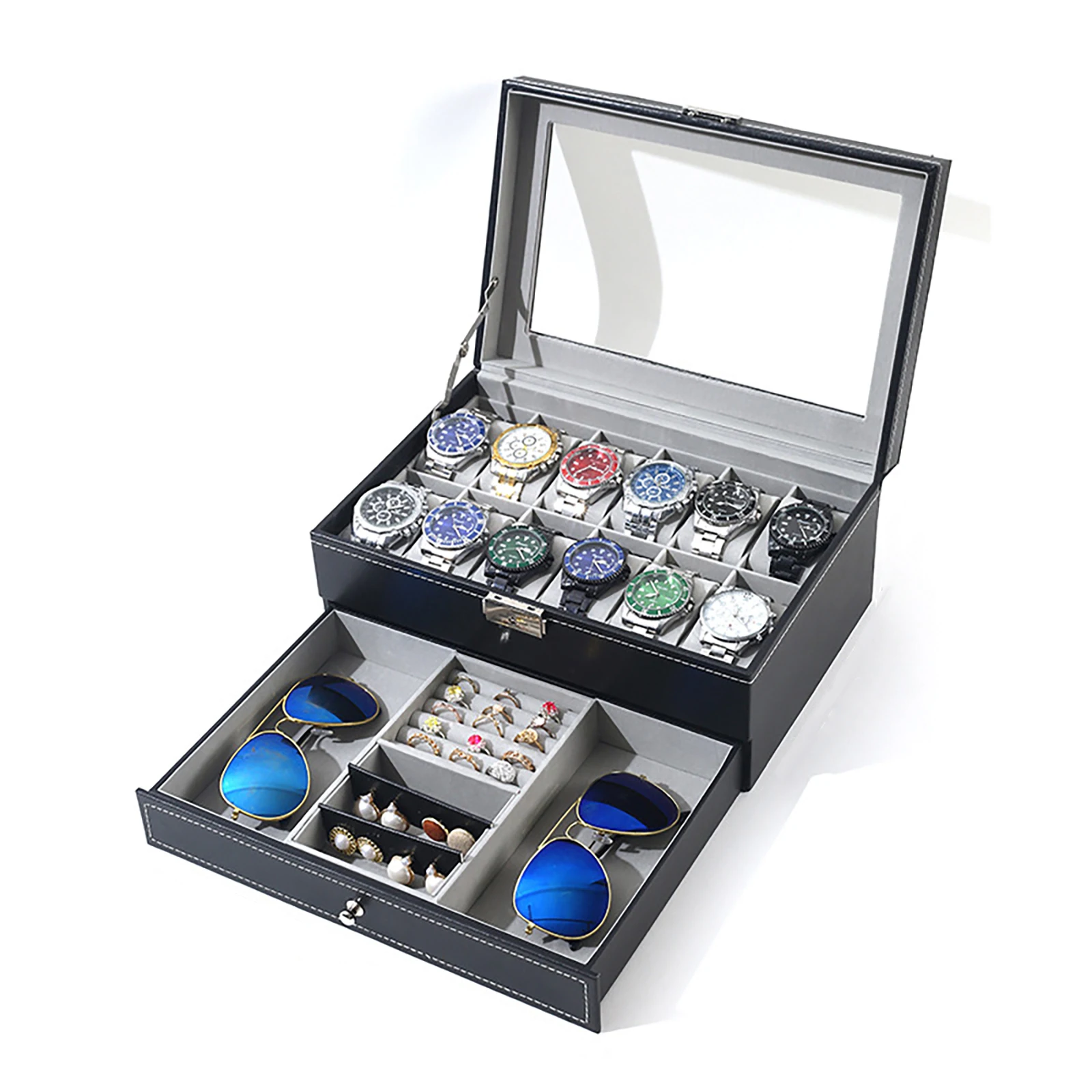 

12 Slot 2-Layer Watch Case Organizer with Drawer & Glass Lid Watch Display Organizer Birthday for Men Women Child Husband Dad
