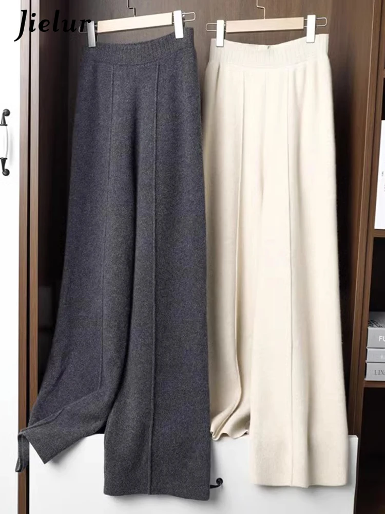 

Jielur New Women's Fashion Wool Wide Legged Pants Spring Korean Versatile Loose Cashmere Knitted High Waist Solid Color Pants