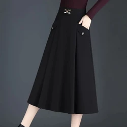 Medium-length Temperament High Waist Wool Skirt for Women to Cover Their Hips and Make Them Look Slim in Pockets A-line Skirt