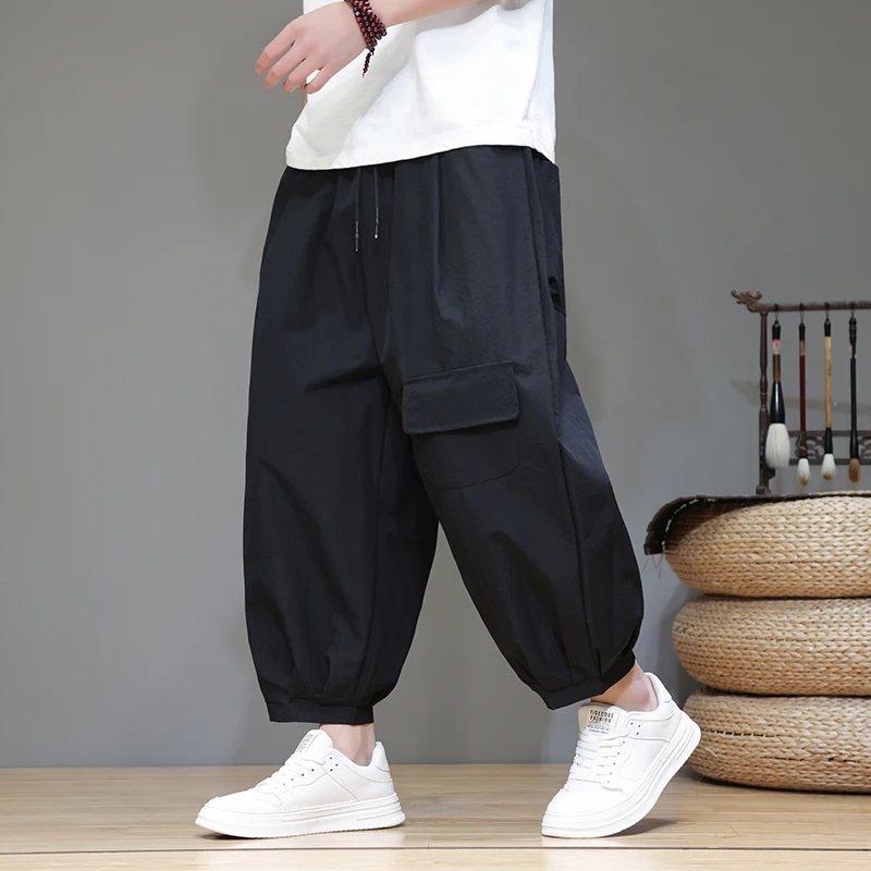 Japanese Spring and Summer Casual Pants for Men Loose and Comfortable Cargo Harem Pants Breathable Ankle-Length Pants