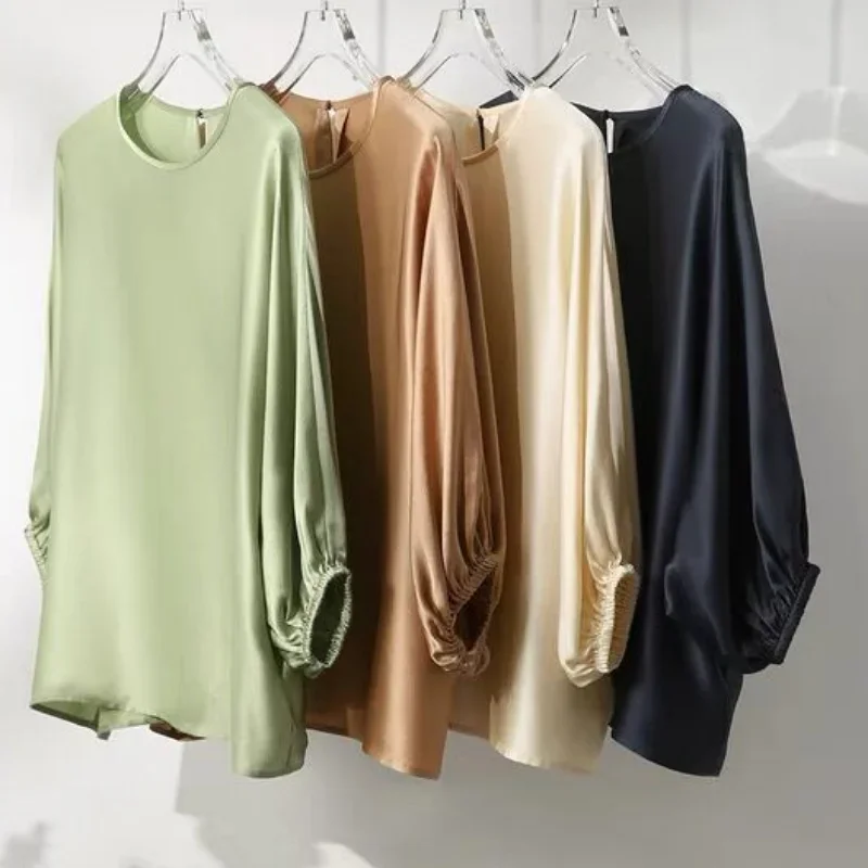 Office Lady Solid Color Tops Korean Fashion O-Neck Shirt Elegant Summer Batwing Sleeve Silk Satin Shirt Loose Clothes 27195