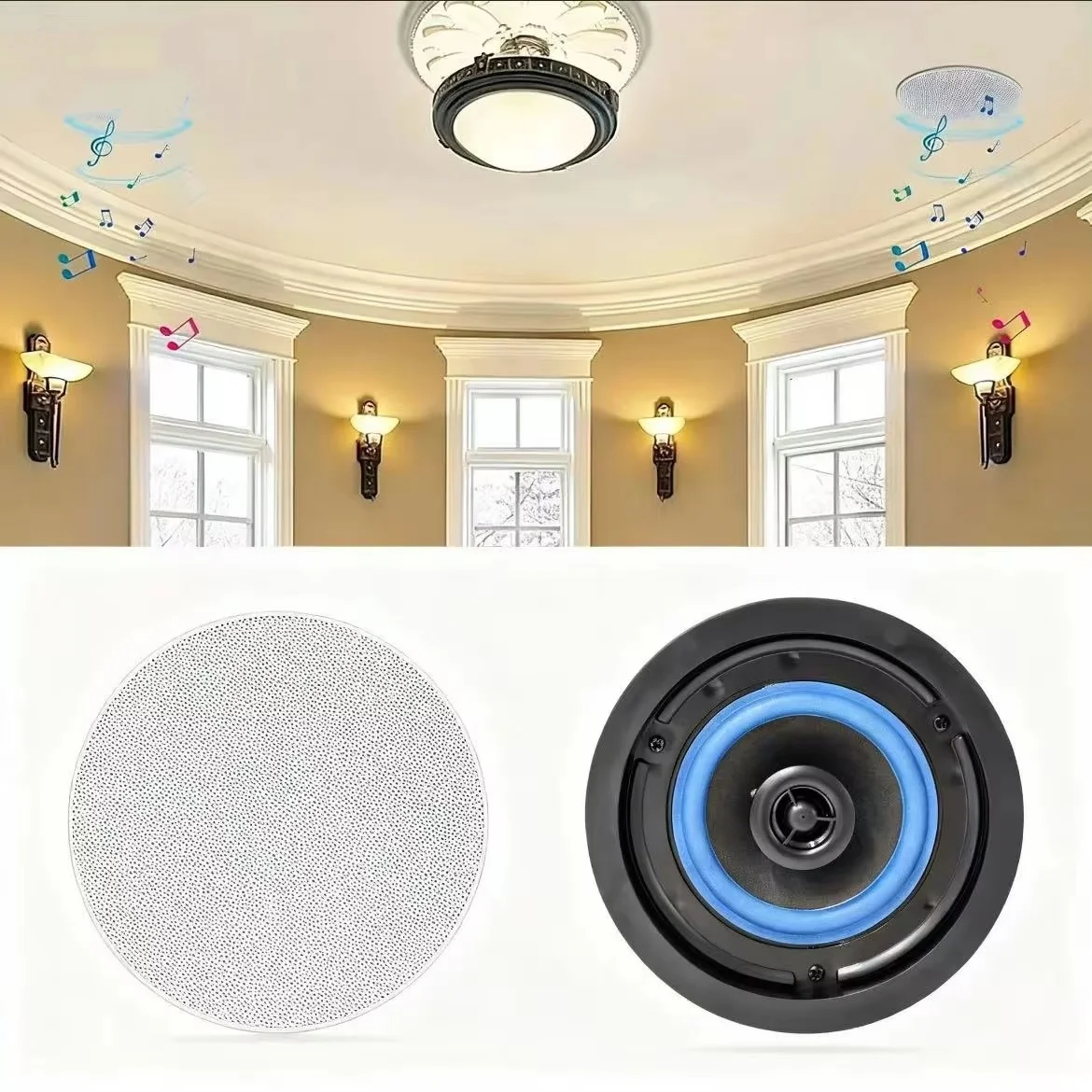Herdio 4 Inch Ceiling Speaker 160W 2Way In Flush Mount  Passive Built In Audio Ideal for Bathroom Kitchen Office Living Area