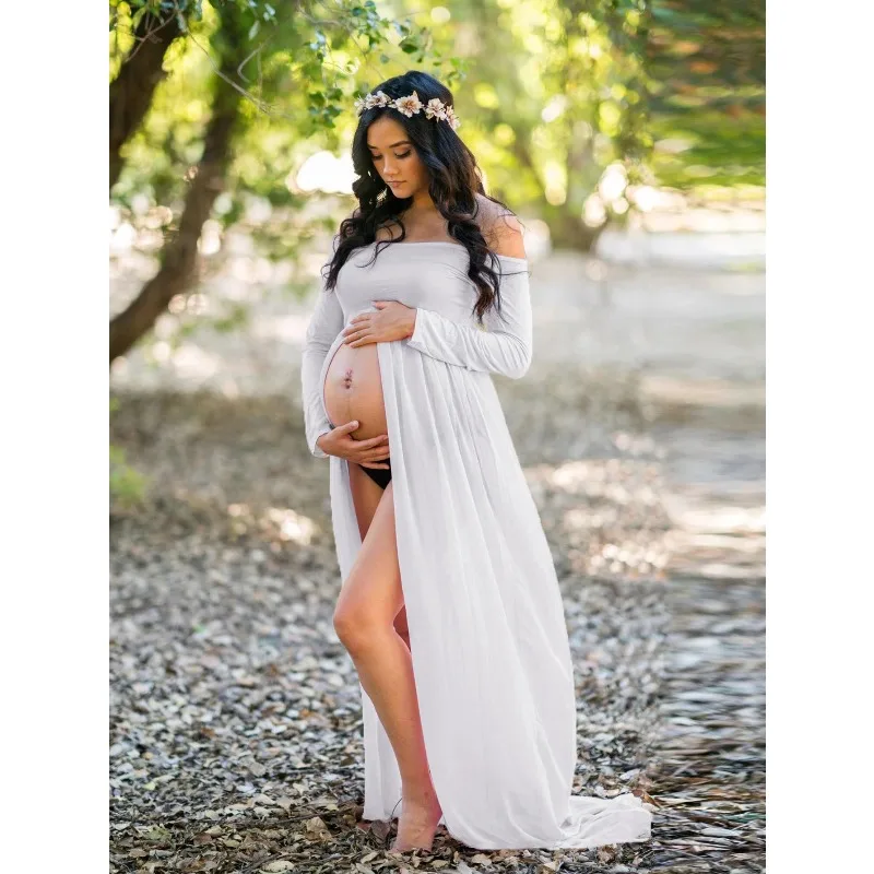 Maternity Sexy One Shoulder Front Slit Long Sleeved Dress for Pregnant Women Photo Photography Dress Ladies Dess Wedding Party
