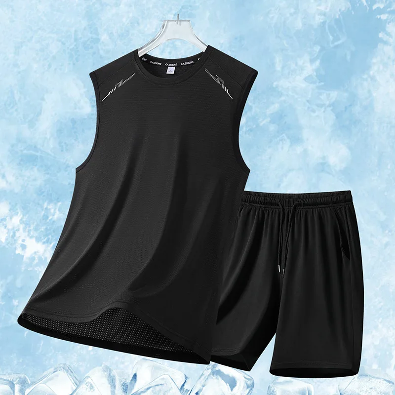 

Новый летний повседневный спортивный костюм, мужские шелковые короткие футболки с пятью точками, повседневные брюки, комплект из двух предметов D317