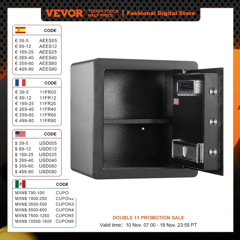 VEVOR Caja Fuerte para Hogar 51 L Caja Fuerte de Seguridad de Acero con Teclado Digital y 2 Llaves, Caja Fuerte de Armario con Bolsa Ignífuga, para Proteger Dinero, Oro, Joyas, Hotel, 400x330x430 mm