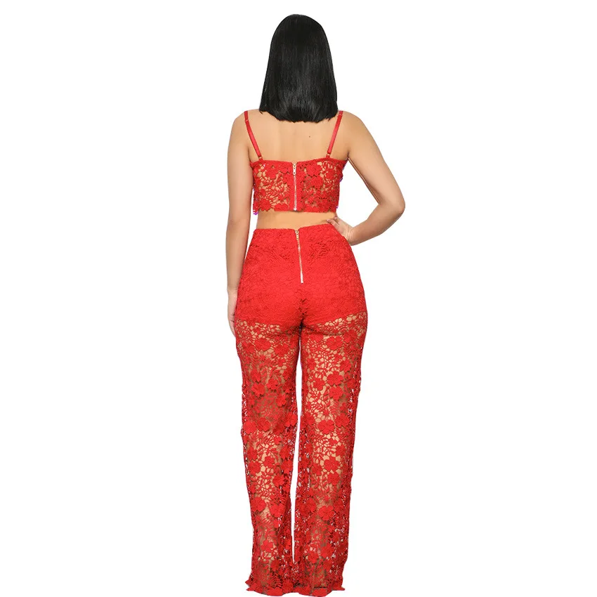 Sexy Lace Sheer 2 Piece Set Women Party Evening Clubwear Short Camis Tops And Pants See Through Night Club Bodycon Outfits Sets