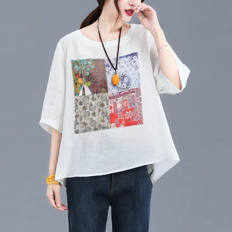 Women Vintage Print Bow Oversized Cotton Linen Blouse Summer Simple Casual Short Sleeve Shirt All Match Comfortable Tops Blusas