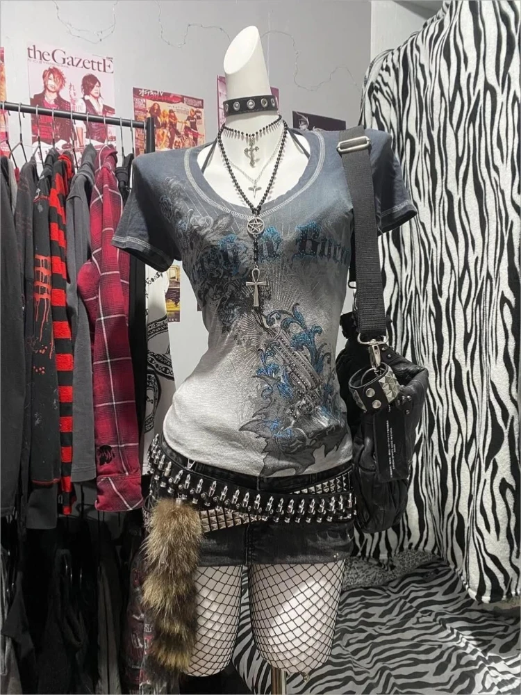 American Vintage Short Sleeve Top + Mini Leopard Denim Skirt Two-Piece Set Women Streetwear Bodycon Subculture Retro 2026