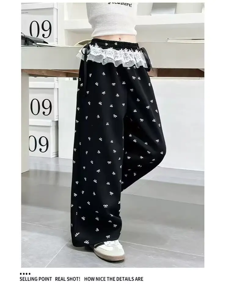 UNITIM Frühlingshosen mit Schleife für Mädchen, bedruckte Wide-Leg-Hosen für Teenager-Mädchen, lockere Kinderhosen, Freizeithosen für Kinder, 5–14 Jahre – Detail 5