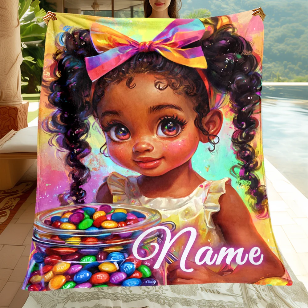 Cobertor de flanela de menina preta com nome personalizado, adequado para sofá, cama, aniversário, crianças, meninas, família, amigos, presentes