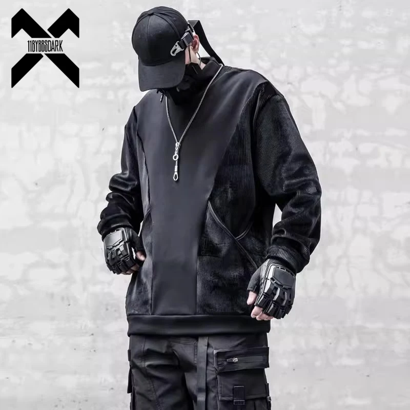 Men Black Sweatshirt Techwear 2024 Winter Fleece Patchwork Pullover Harajuku Loose Sweat Shirt Tops Men Clothing