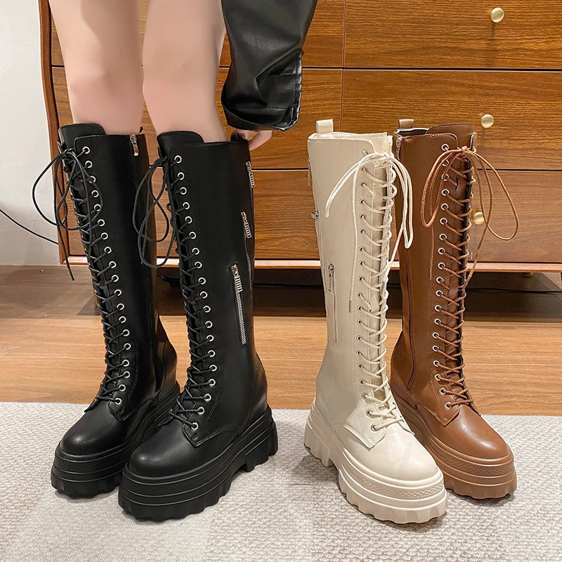 Damskie grube obcasy motocyklowe dลugie buty nowe zimowe 11CM masywne buty jeลบdzieckie PU skรณrzane buty rycerskie damskie botki na kolano