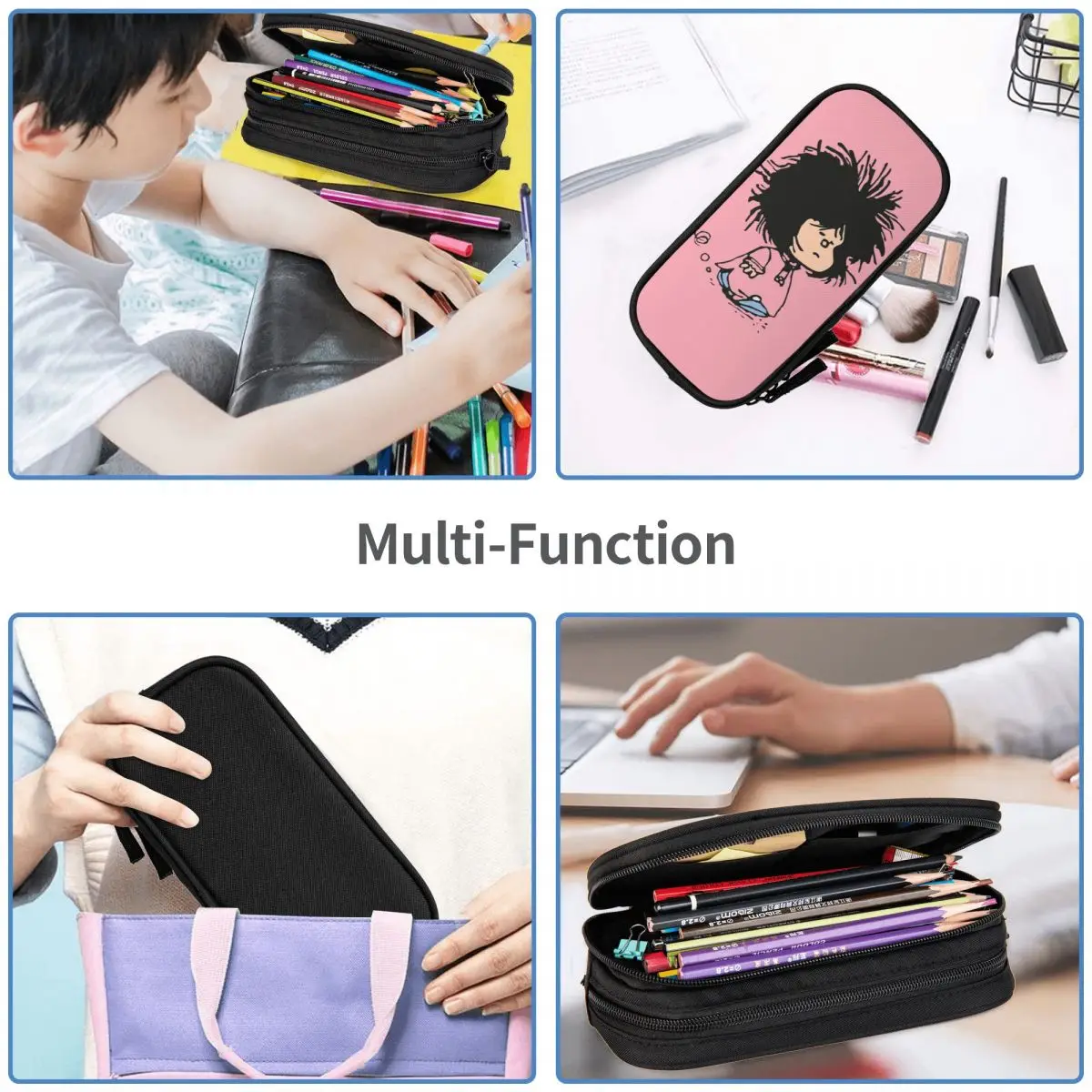 Large Capacity Pen Box Sleepy Mafalda Funny Office Accessories Double Layer Pencil Box Women Make Up Bag Gift