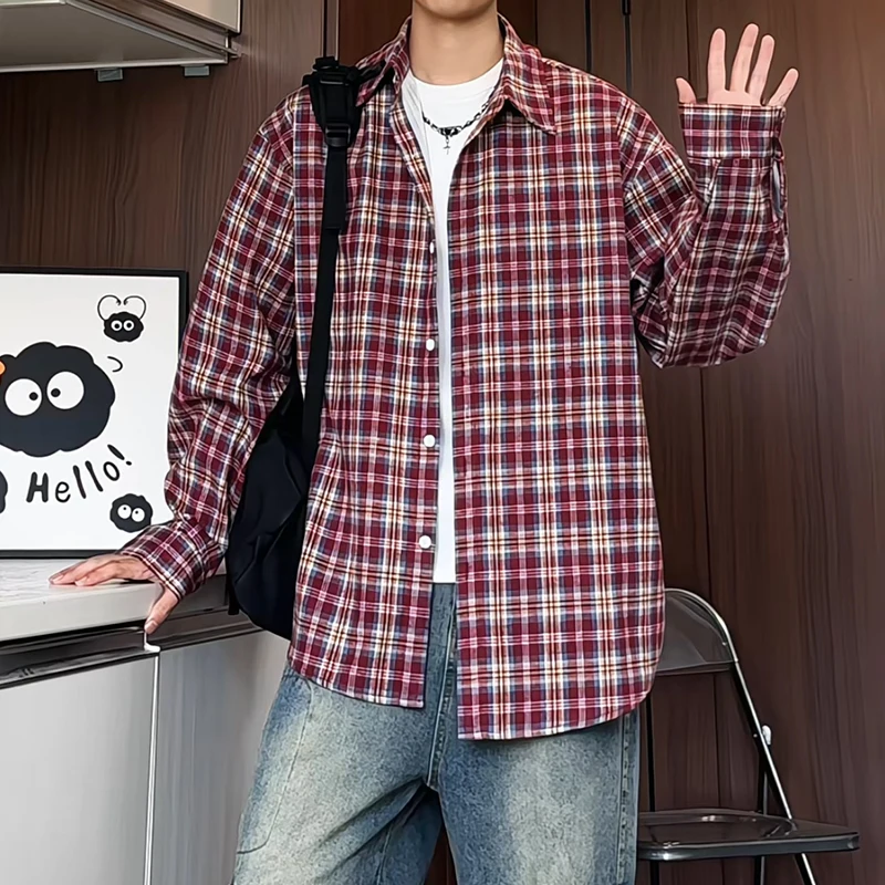 Mens Loose Fit Plaid Shirt Business Casual Office Wear Classic Work Shirt for Young Professionals Student Relaxed Style Top