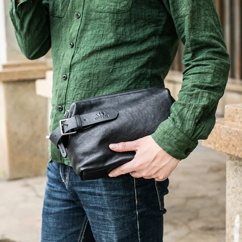 GENOFAN-Pochette en cuir véritable pour homme, portefeuilles de marque, sac à main décontracté, peau de mouton souple, sac masculin, grande capacité, sac à main chaud, 2024