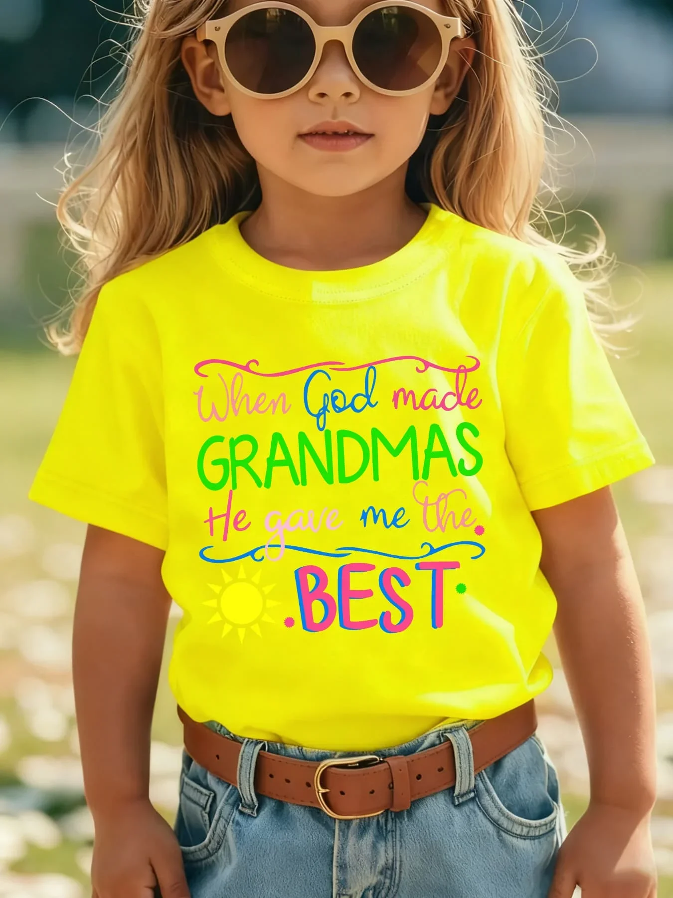Girls Lovely When God Made Grandmas Multicolor Text T Shirt Kids Sun Element Short Sleeve Tops