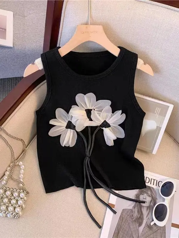 Woman Black Tshirts Chic 3D Floral Sleeveless Tunic Tees 2024 Cropped Tops Drawstring Casual Fashion Y2k T-Shirt