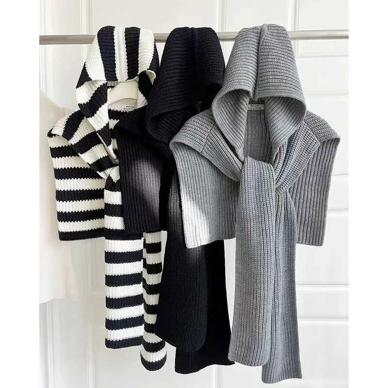 

Laid-back Design Sense Knitted Hooded Large Shawls Woman Luxury Warm Striped Scarf Woman Luxury Designer Scarf Cape for Women