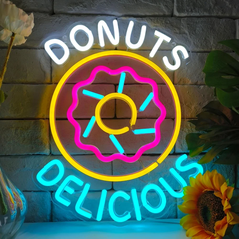 Donuts Delicious Neon Sign LED Wall Art USB Powered Sweet Dessert Glow Lamp Bakery Theme Decor  Kitchen Cafe Shop Colorful Light