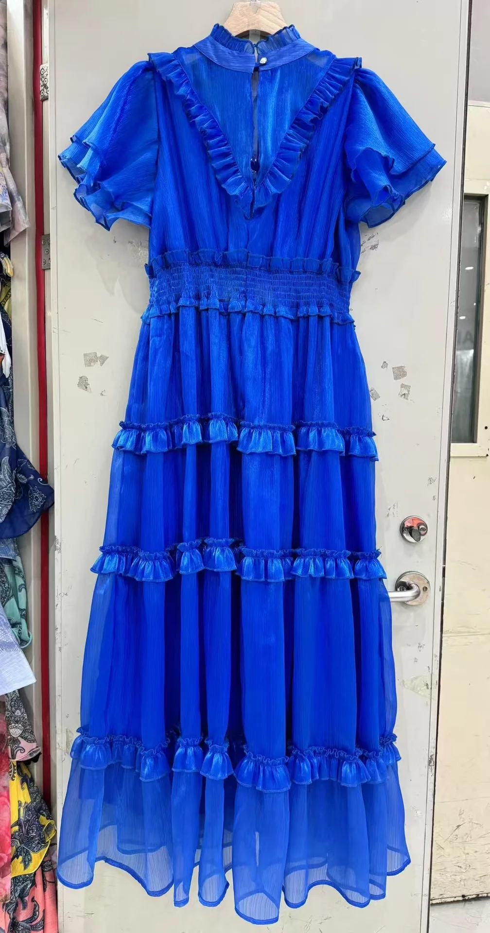 2025 الربيع والصيف جديد جولة الرقبة لوتس كم زهرة خشبية مرونة الخصر تنورة طويلة فستان أزرق-GZDL113 #2