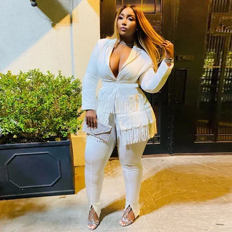

GUWU White Women Long Sleeve Tassel Blazer and Split Pants Suit Matching Set Autumn Fashion Two Piece Set Outfit Streetwear
