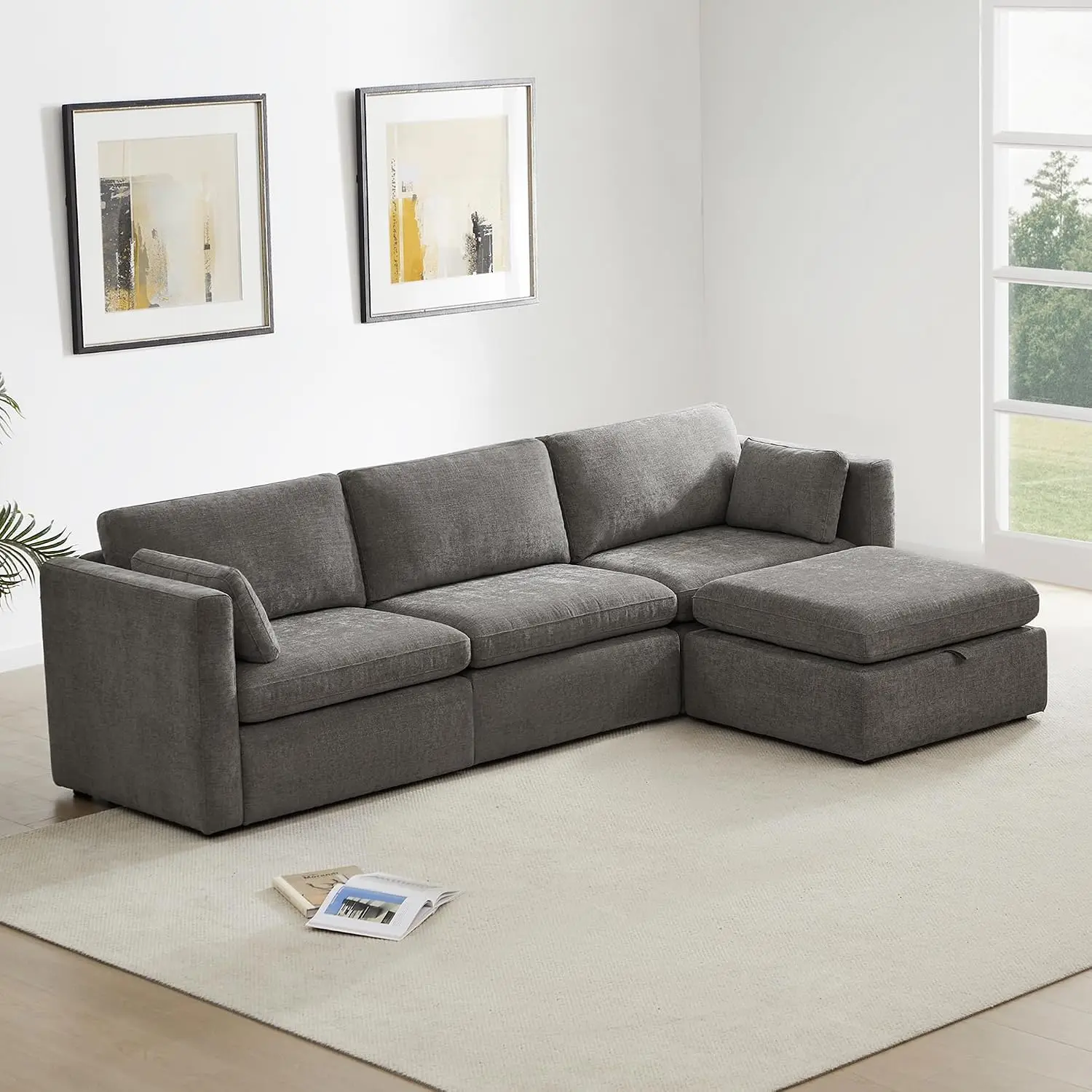 Modular Sectional Sofa, 4 Seat Living Room Furniture, 112 inch Grey Fabric, Customized