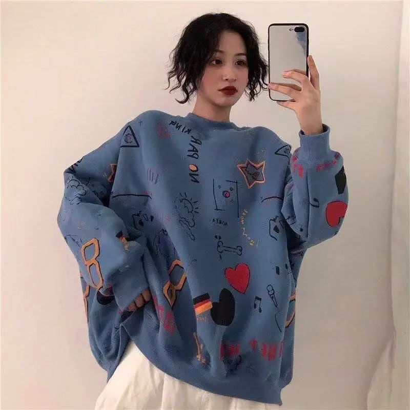 Autumn Winter New Round Neck Long Sleeve Fashion Sweatshirts Women High Street Printing Hip Hop Pullovers Thick All-match Tops