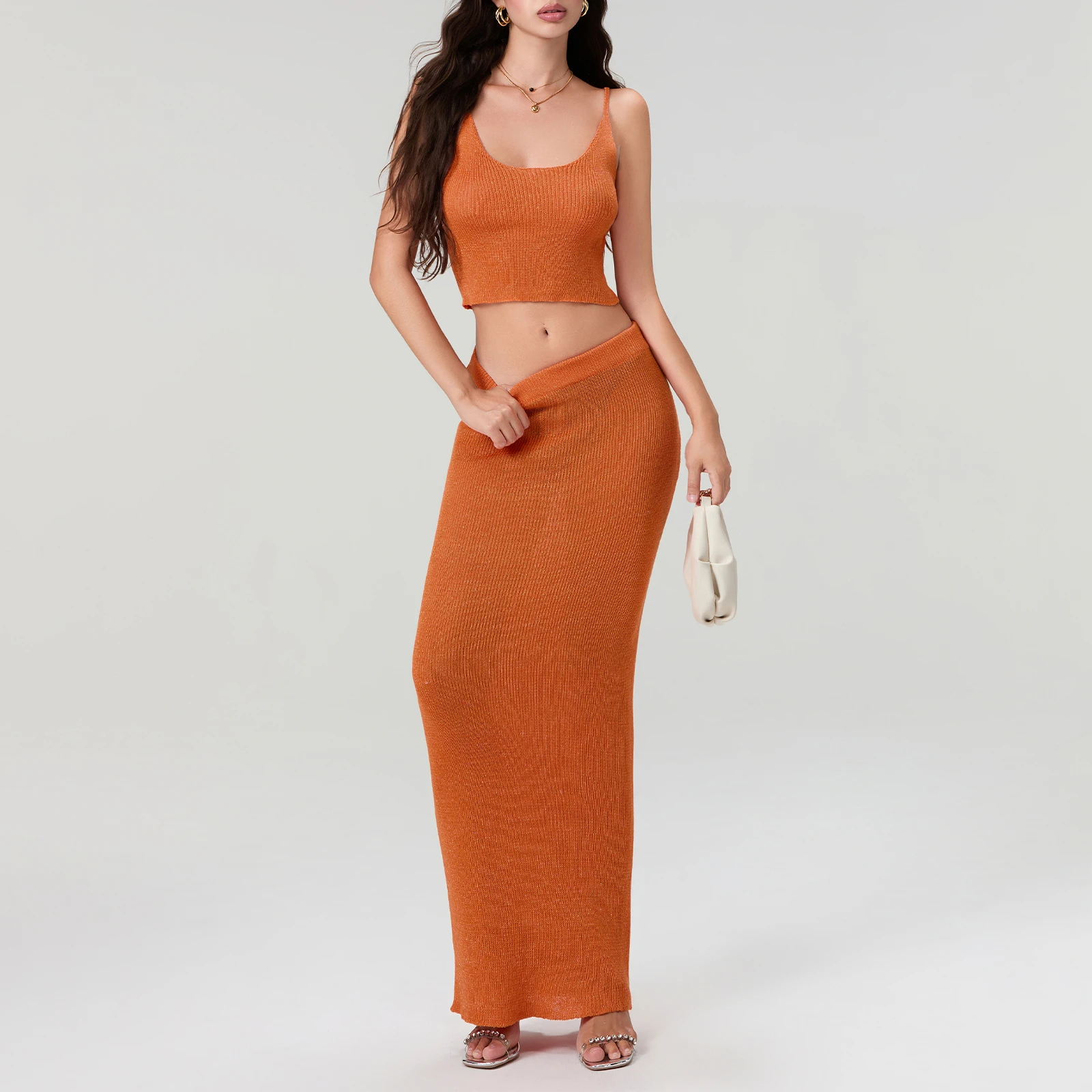 New Fashion Women 2-Piece Bright Silk Skirt Set Spaghetti Strap Scoop Neck Cami Long Skirt Bodycon Outfit Hot Sale S-XL