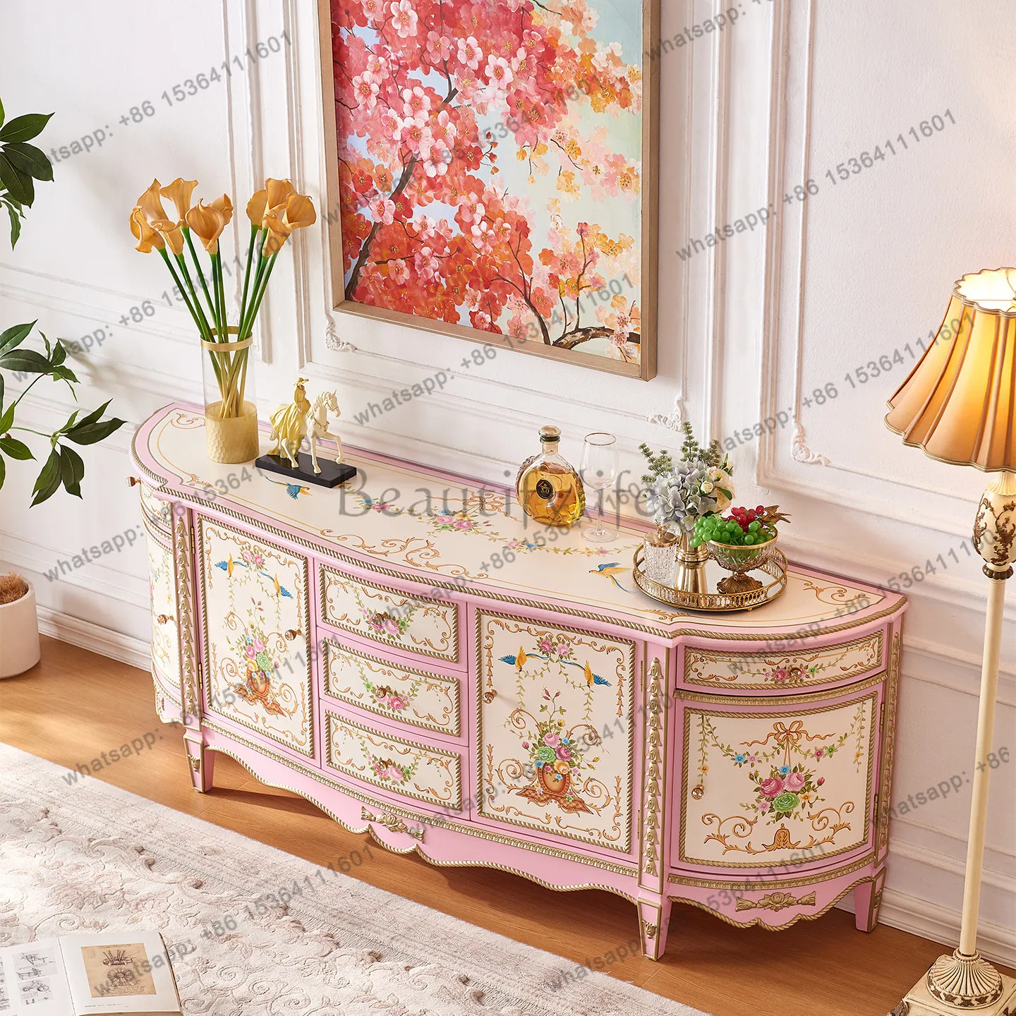 FG French court pink solid wood semicircular entrance dining side decorative cabinet