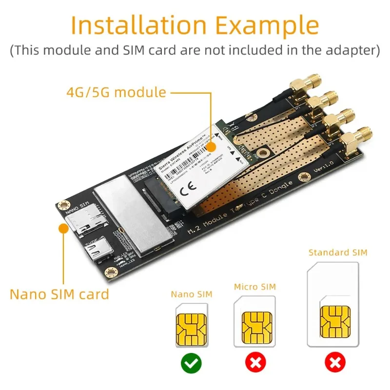 M.2(M.2) 3G/4G/5G Module to Type C /USB 3.0 Adapter with NANO SIM card Slot for RM500Q/RM500U /GM800/ SIM8200 Module view 4