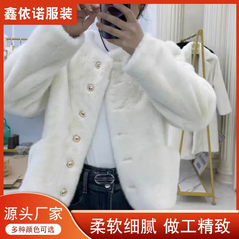 Streetwear Thickened Double-faced Fur Warm Coat Women's Plush Short Coat Round Neck Single Breasted Pocket Jacket Women Clothing