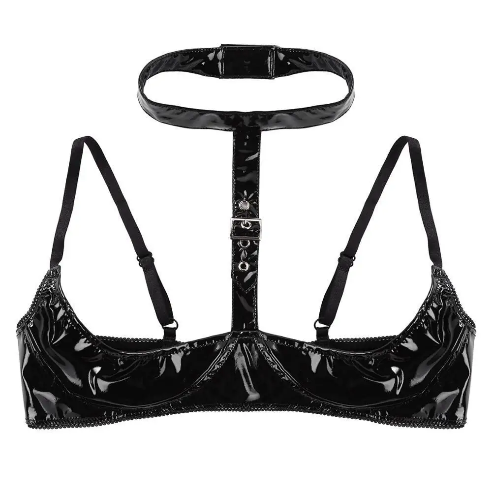 

2026 Autumn patent leather sexy hollow bra open panty set