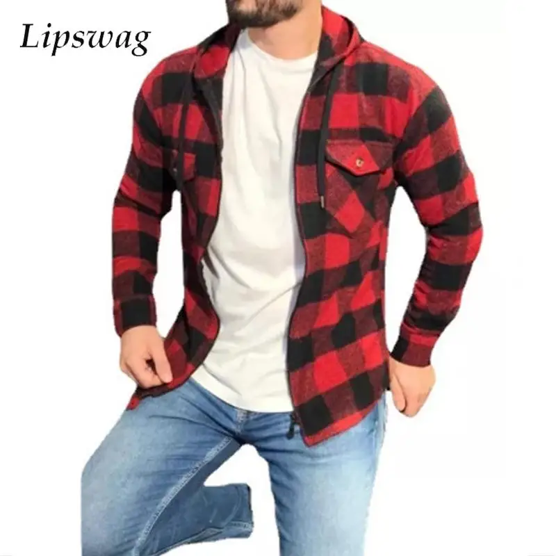 Classic Hooded Plaid Shirt Jacket Men Fashion Loose Long Sleeve Buttoned Hoodie Cardigan Mens Autumn New Casual Coats With Hood