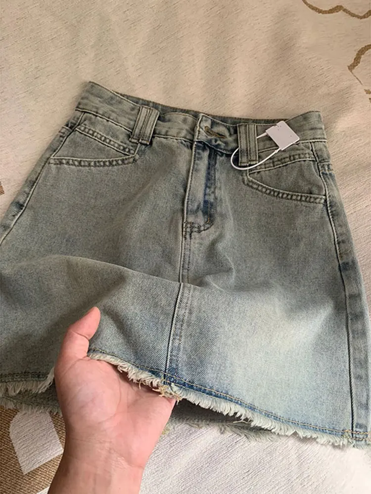 

High Waist A-Line Skirt for plus Size Women Summer ort Denim Skirt with Frayed Hem Korean Sle Casual Wear for All Se...