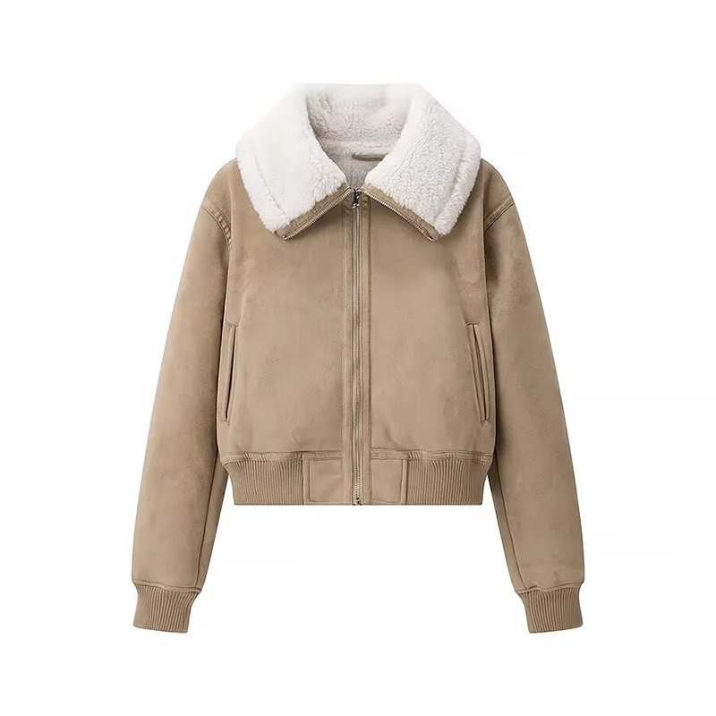 YENKYE New 2026 Women Autumn Winter Warm Cropped Jacket Long Sleeve Laple Collar Casual Outerwear