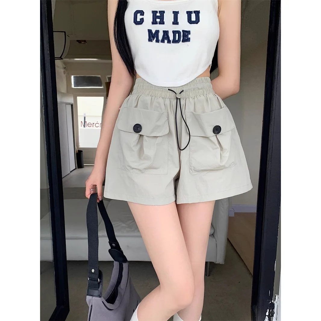 

Быстросохнущие рабочие шорты для женщин с высокой талией, утягивающим эффектом, большими карманами, на шнурке, А-силуэт, повседневные, широкие штанины