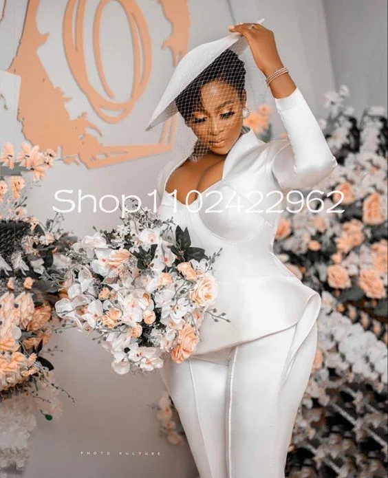 Modern Stain Jumpsuit Wedding Dresses Outfit Long Sleeve Peplum African Aso Ebi Bridal Receotion Second Gown Pant Suit