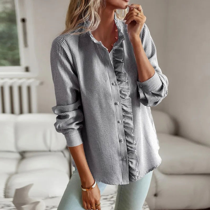 White Blouse Women Cotton Ruffles Stripe Loose Fit Womens Tops And Blouses Casual V Neck Lantern Sleeve Shirts Tunic Blusas S-XL