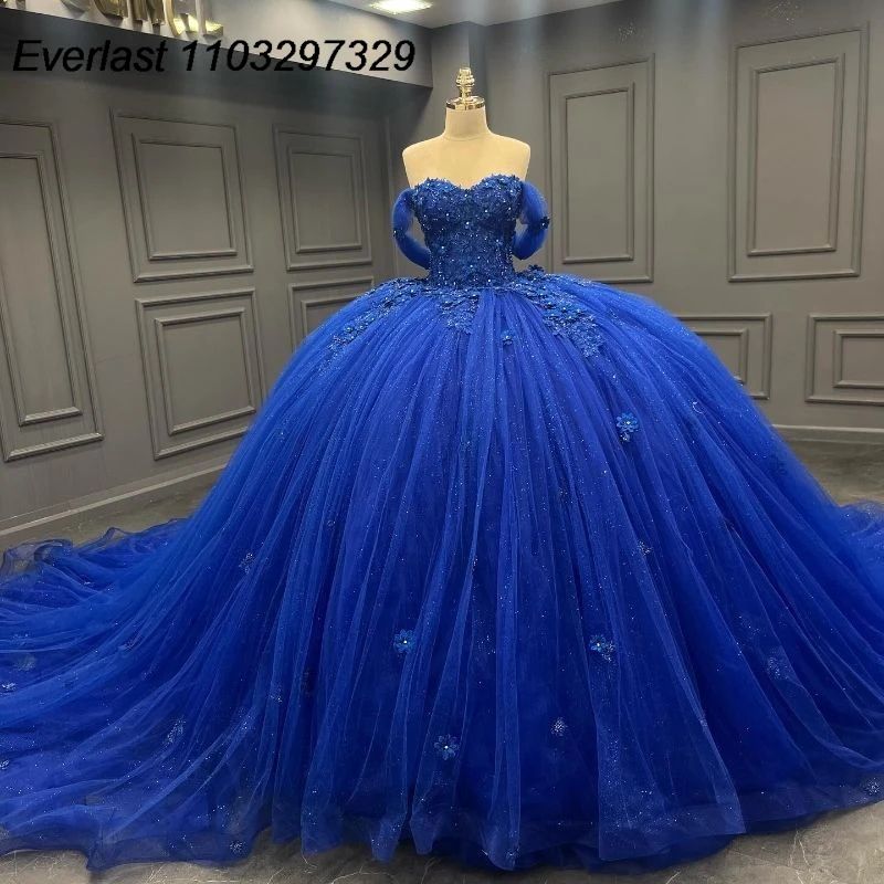 EVLAST Customized Royal Blue Ball Gown Quinceanera Dress 3D Floral Lace Applique Beading Sweet 15 Vestido De 15 Anos TQD576