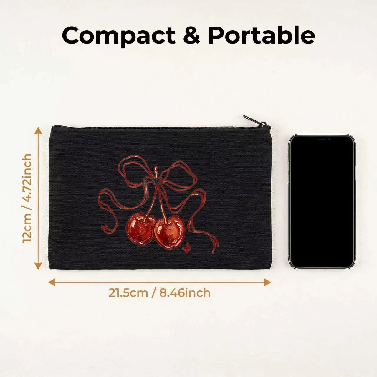1PC Coquette Aesthetic Hand Drawn Cherries Bow Print Makeup Bag Double Sided Canvas Daily Storage Organizer