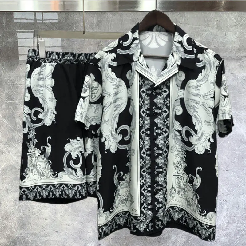 

Hip Hop Casual Beach Holiday Short Sleeve Suit Hawaiian Shirt Streetwear Artistic Abstract Shirts Streetwear Men Tracksuit Set